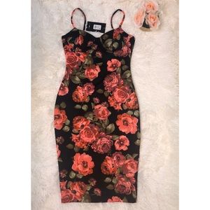 S - FULLY IN BLOOM FLORAL MIDI DRESS-BLACK FLORAL